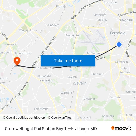 Cromwell Light Rail Station Bay 1 to Jessup, MD map
