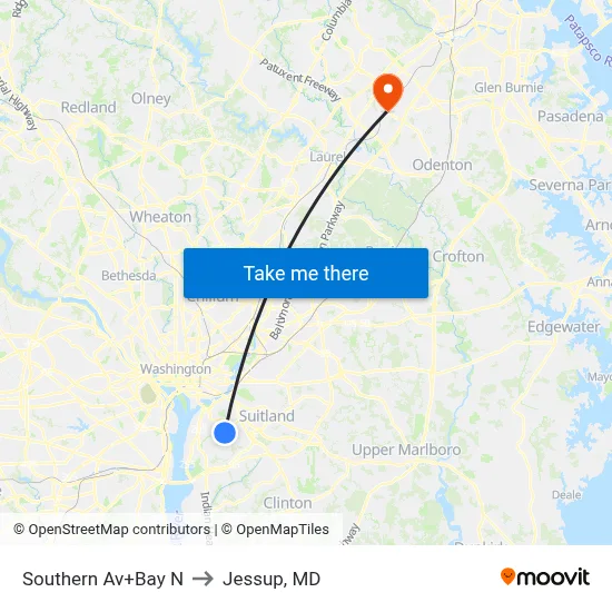 Southern Av+Bay N to Jessup, MD map