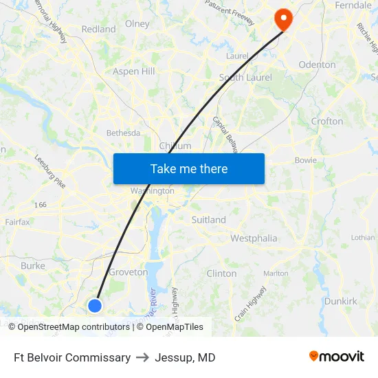 Ft Belvoir Commissary to Jessup, MD map