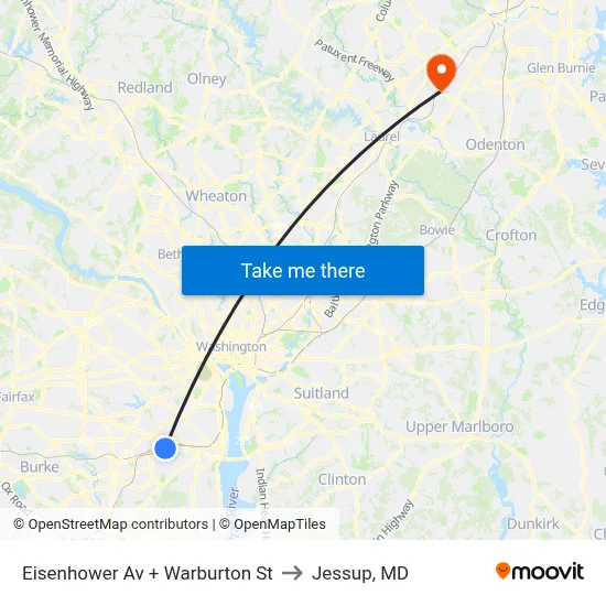 Eisenhower Av + Warburton St to Jessup, MD map
