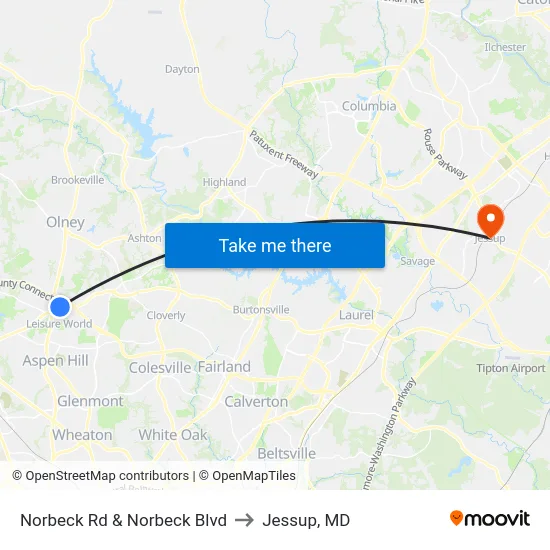 Norbeck Rd & Norbeck Blvd to Jessup, MD map