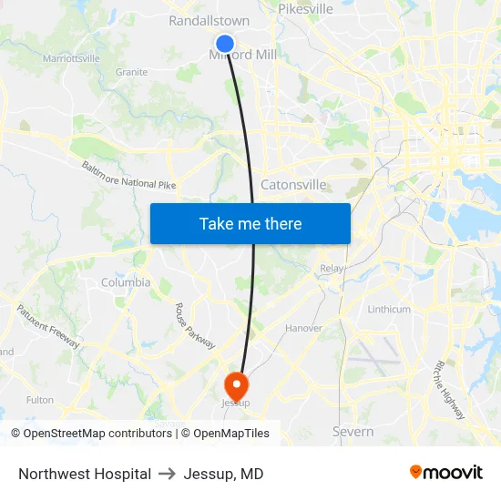 Northwest Hospital to Jessup, MD map