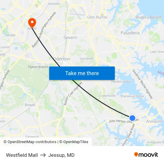 Westfield Mall to Jessup, MD map