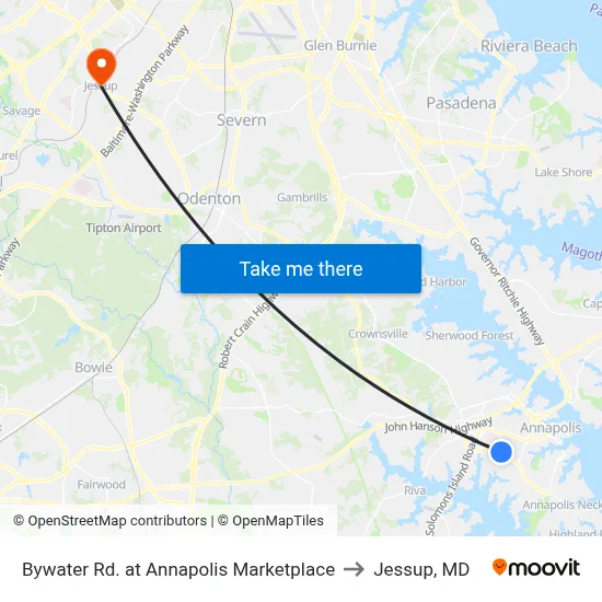 Bywater Rd. at Annapolis Marketplace to Jessup, MD map