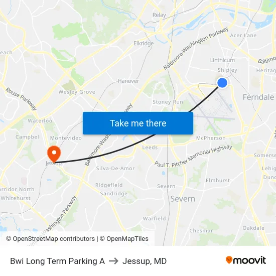 Bwi Long Term Parking A to Jessup, MD map