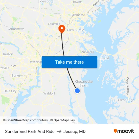 Sunderland Park And Ride to Jessup, MD map