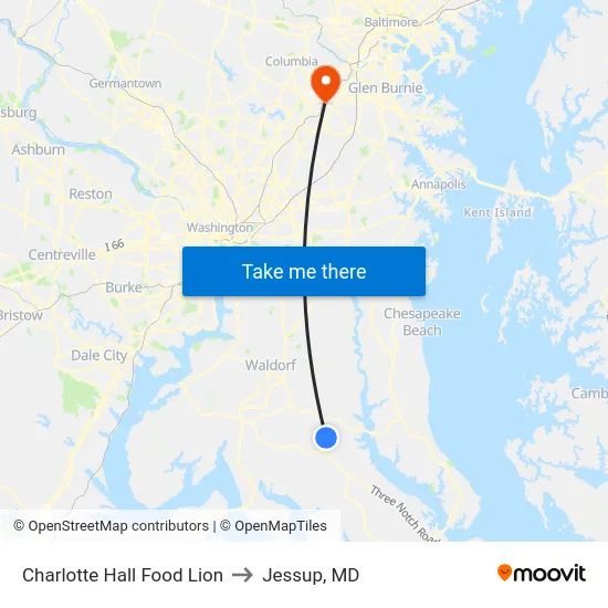 Charlotte Hall Food Lion to Jessup, MD map