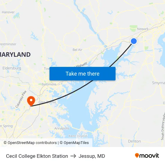 Cecil College Elkton Station to Jessup, MD map