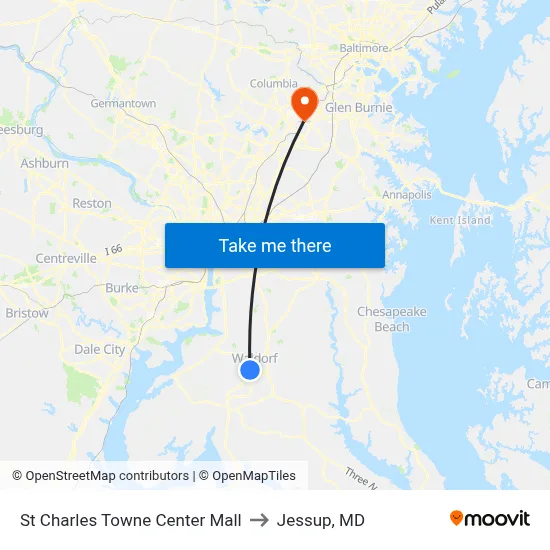 St Charles Towne Center Mall to Jessup, MD map