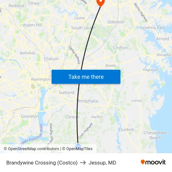Brandywine Crossing (Costco) to Jessup, MD map