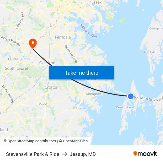 Stevensville Park & Ride to Jessup, MD map