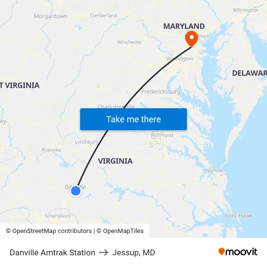 Danville Amtrak Station to Jessup, MD map