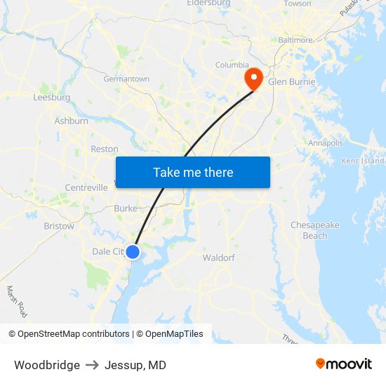 Woodbridge to Jessup, MD map