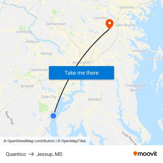 Quantico to Jessup, MD map