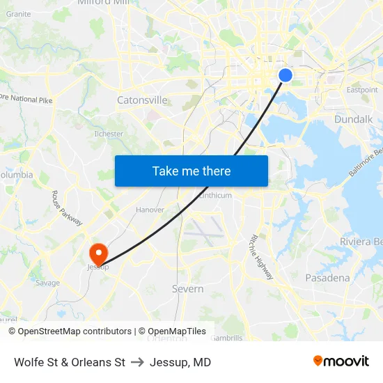 Wolfe St & Orleans St to Jessup, MD map