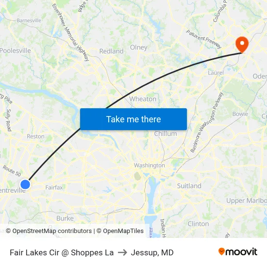Fair Lakes Cir @ Shoppes La to Jessup, MD map