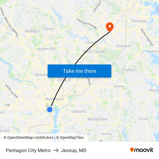 Pentagon City Metro to Jessup, MD map