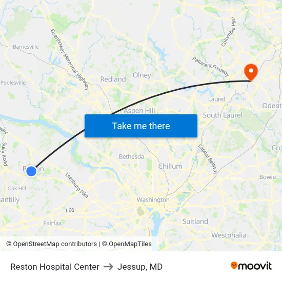 Reston Hospital Center to Jessup, MD map
