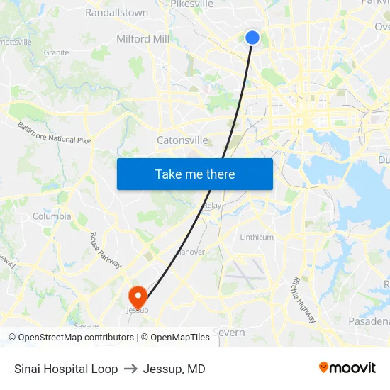 Sinai Hospital Loop to Jessup, MD map