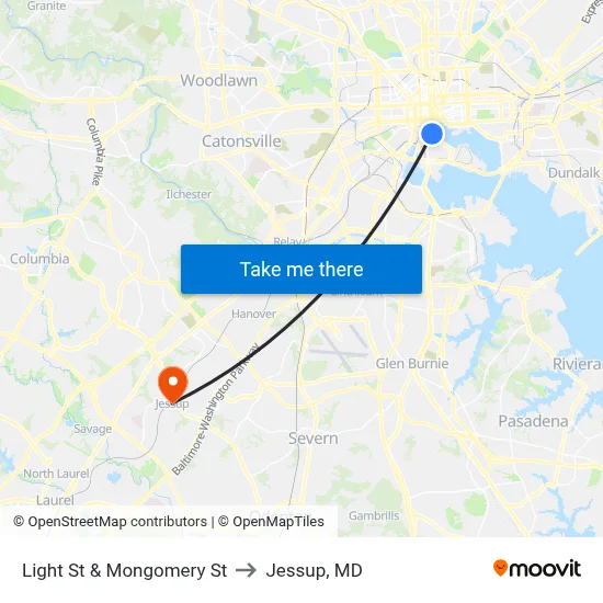 Light St & Mongomery St to Jessup, MD map