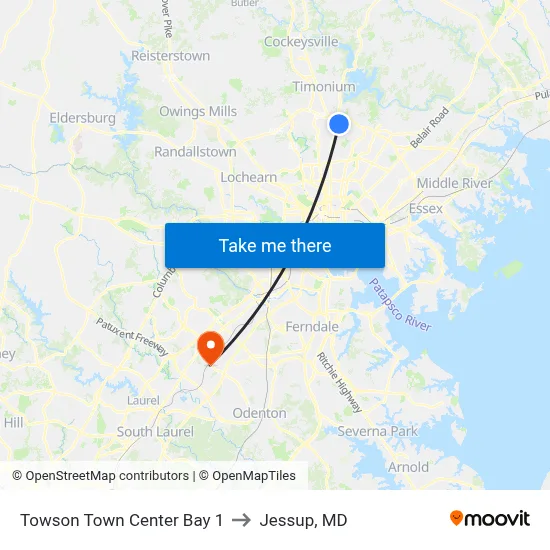 Towson Town Center Bay 1 to Jessup, MD map