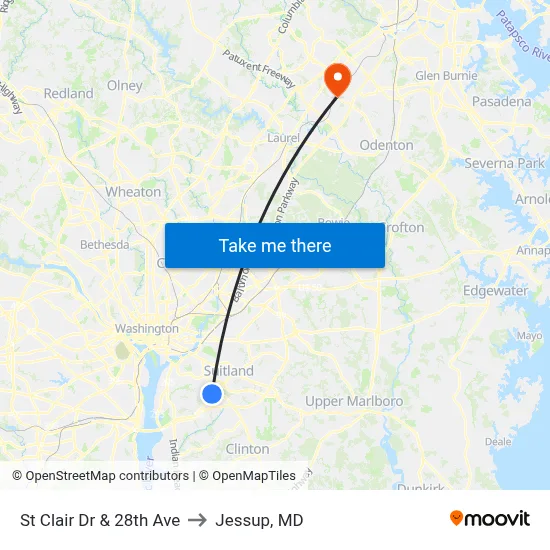St Clair Dr & 28th Ave to Jessup, MD map