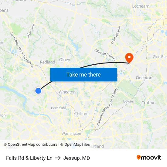 Falls Rd & Liberty Ln to Jessup, MD map