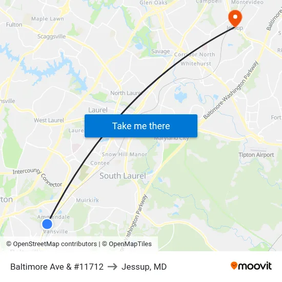 Baltimore Ave & #11712 to Jessup, MD map