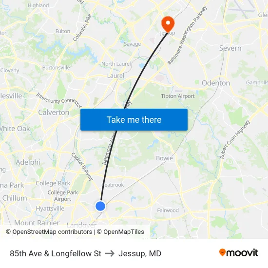 85th Ave & Longfellow St to Jessup, MD map