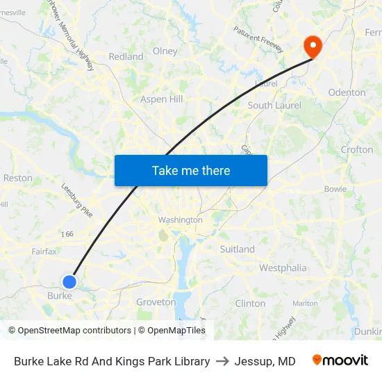 Burke Lake Rd And Kings Park Library to Jessup, MD map