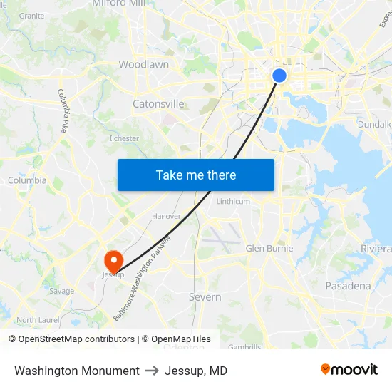 Washington Monument to Jessup, MD map