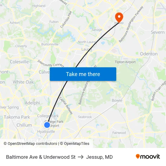Baltimore Ave & Underwood St to Jessup, MD map