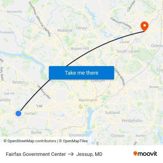 Fairfax Government Center to Jessup, MD map