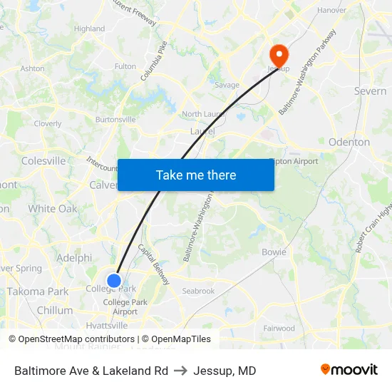 Baltimore Ave & Lakeland Rd to Jessup, MD map
