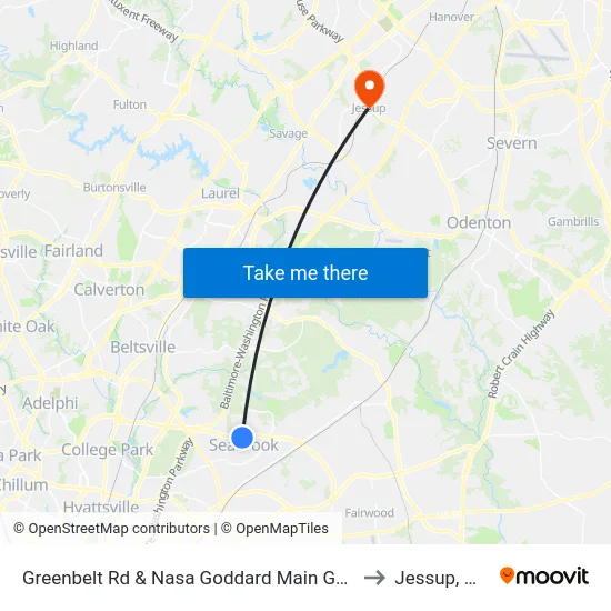 Greenbelt Rd & Nasa Goddard Main Gate to Jessup, MD map