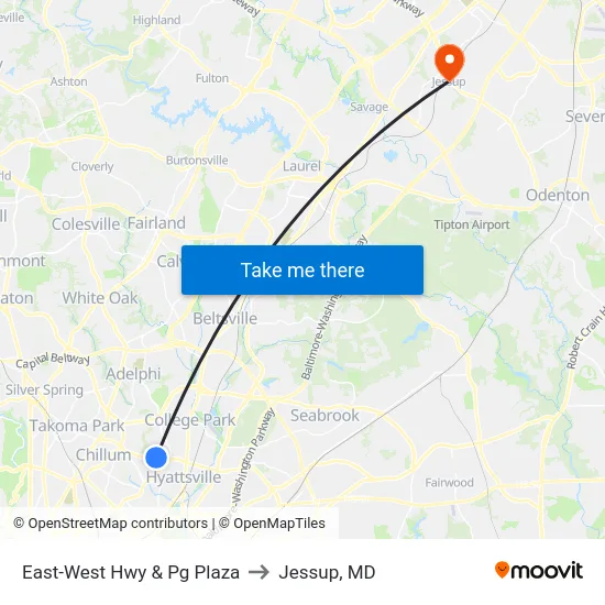 East-West Hwy & Pg Plaza to Jessup, MD map
