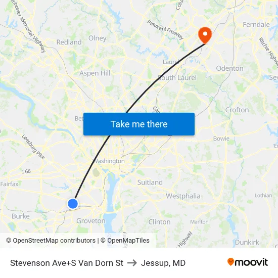Stevenson Ave+S Van Dorn St to Jessup, MD map