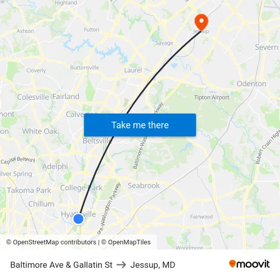 Baltimore Ave & Gallatin St to Jessup, MD map