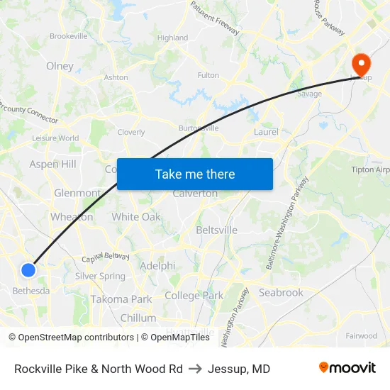 Rockville Pike & North Wood Rd to Jessup, MD map