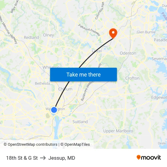 18th St & G St to Jessup, MD map