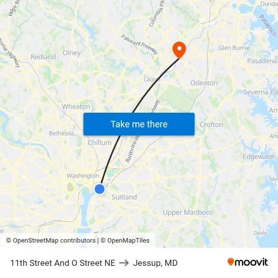 11th Street And O Street NE to Jessup, MD map