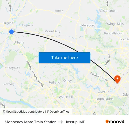 Monocacy Marc Train Station to Jessup, MD map