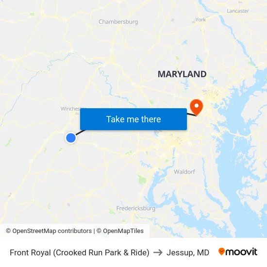 Front Royal (Crooked Run Park & Ride) to Jessup, MD map
