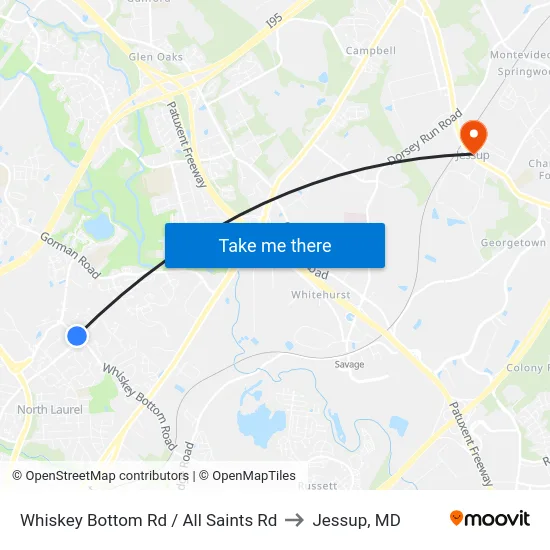 Whiskey Bottom Rd / All Saints Rd to Jessup, MD map
