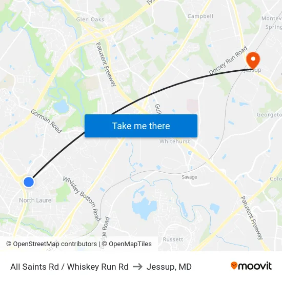 All Saints Rd / Whiskey Run Rd to Jessup, MD map
