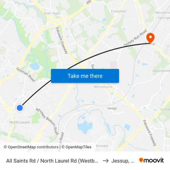 All Saints Rd / North Laurel Rd (Westbound) to Jessup, MD map