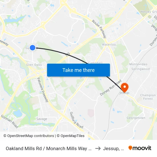 Oakland Mills Rd / Monarch Mills Way South to Jessup, MD map