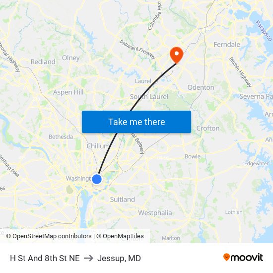 H St And 8th St NE to Jessup, MD map