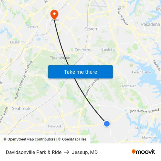 Davidsonville Park & Ride to Jessup, MD map
