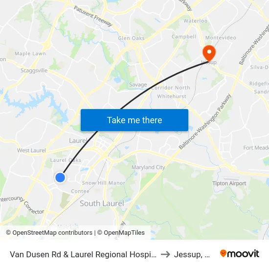 Van Dusen Rd & Laurel Regional Hospital to Jessup, MD map